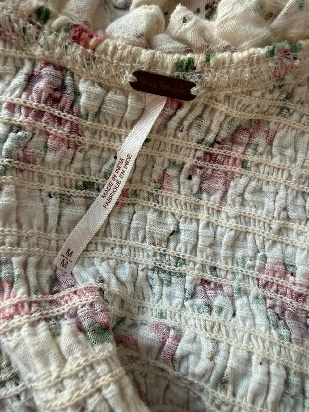 Free People favorite girl Cream Floral Ruffle Smocked crop Top medium cotton